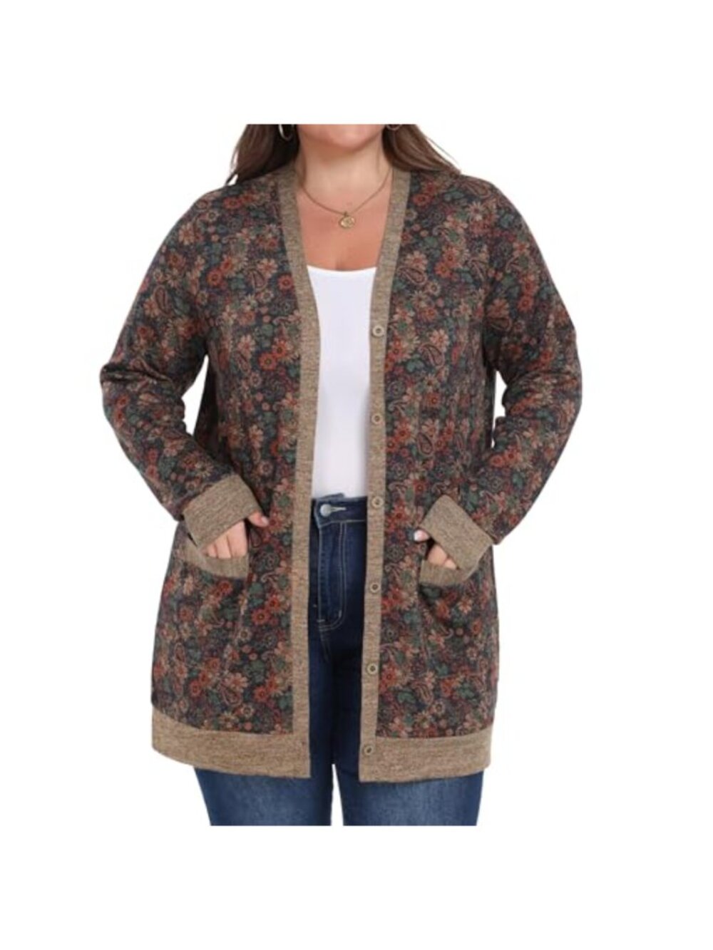 Plus Size Floral Cotton Cardigan with Pockets
